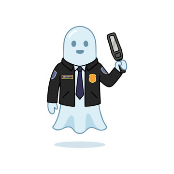 A cute ghost security guard character holding a metal detector scanner