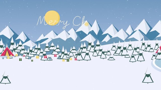 Premium 2.5D papercut style motion graphics background featuring a panoramic camera journey through snowy mountains, downhill skiers, ice skaters, and glowing shooting star Christmas text reveals. 10-