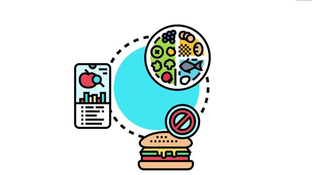Balanced food plate, digital tracker, and prohibited junk food icon illustrate concepts of healthy eating habits and mindful nutritional lifestyle choices using modern technology for better health