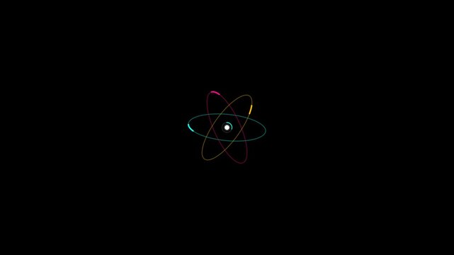 Futuristic quantum orbital atom featuring three intersecting elliptical energy paths in cyan, magenta and gold, with multiple electron flows moving around a pulsing central quantum nucleus. Clean blac