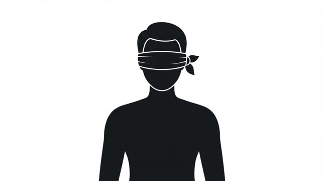 Silhouette of a blindfolded person isolated on white background
