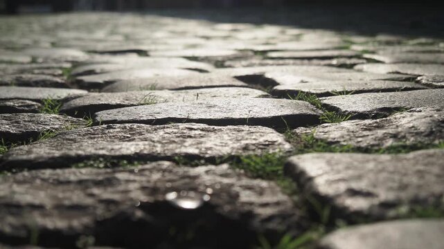 Close up of cobblestone path with grass in between, cinematic footage, slow motion walk.