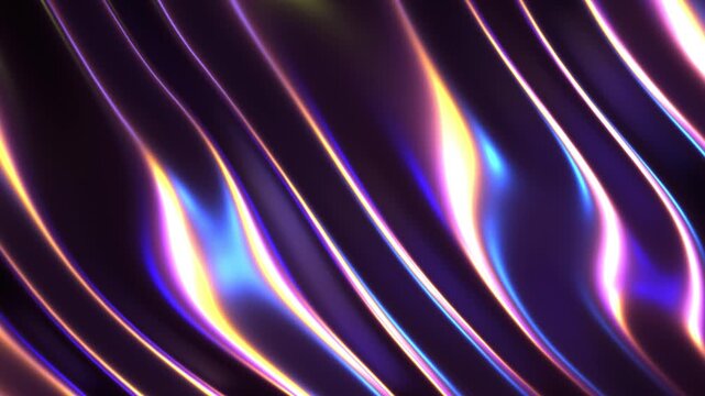 Dark chrome liquid metal waving 3d animation, shiny waves with neon colored lights background.