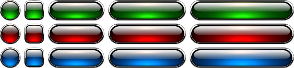 Obraz premium Blank glass buttons with chrome frame, colored web menu icons for website interface and games.