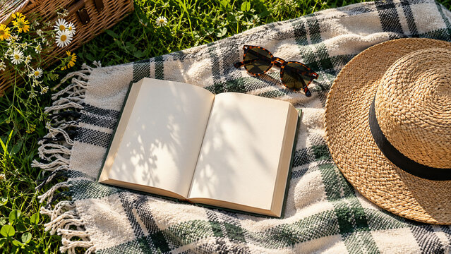 An open book, stylish sunglasses, and a straw sun hat laid out on a checkered picnic blanket on green grass with wild flowers and a picnic basket during a sunny summer day