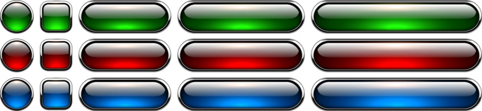 Blank glass buttons with chrome frame, colored web menu icons for website interface and games.