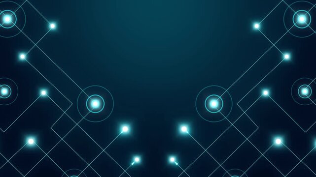 Network lines animation connects bright nodes on dark space. Data communication streams along these network lines. Modern digital telecommunication powers network lines.