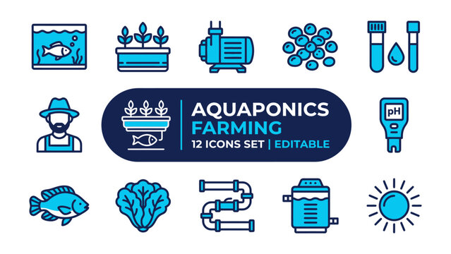 Aquaponics Farming Icon Set: A collection of editable icons illustrating the principles of aquaponics farming, featuring fish, plants, water, and equipment.