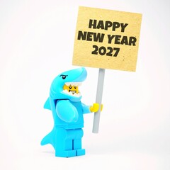 Obraz premium Indonesia - June 12, 2026 : Mini toy of action figure at table with blur background. Miniature photography concept design. Minifigure of Shark Character with HAPPY NEW YEAR 2027 text at poster banner.