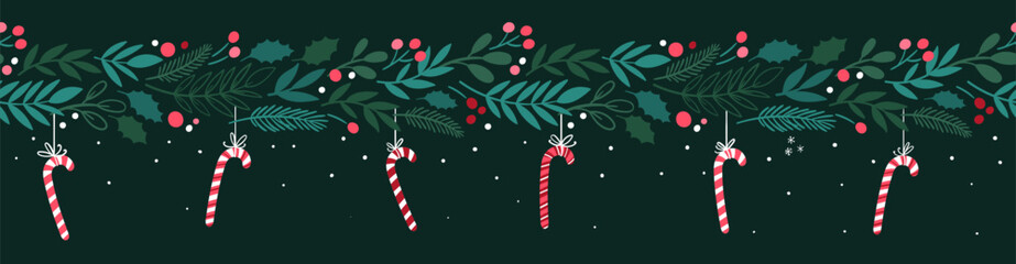 Obraz premium Lovely hand drawn Christmas seamless pattern, cute greenery, flowers and snowflakes, great for textiles, wrapping, banners, wallpapers - vector design