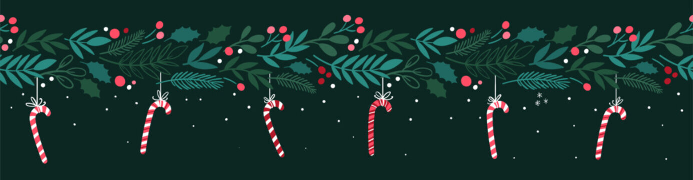 Lovely hand drawn Christmas seamless pattern, cute greenery, flowers and snowflakes, great for textiles, wrapping, banners, wallpapers - vector design