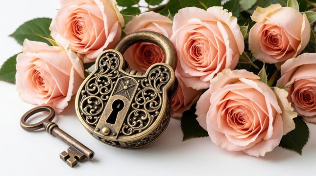 Antique brass padlock, vintage metal key lie among soft pink roses. Ornate metal lock with floral pattern rests on fresh peach blossoms. Romantic still life composition represents love, secret,