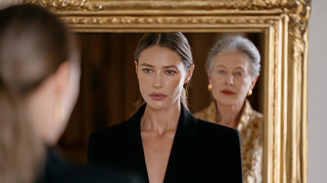 Young and old self concept, woman looking at her future elderly reflection in mirror, Midlife Crisis, Retirement Planning, Self-Acceptance