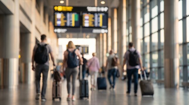 Airport terminal travelers walking with luggage at departure gate interior for international vacation trip with blurry motion effect