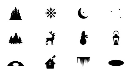 Fototapeta premium Winter themed icons featuring forest and holiday elements in black