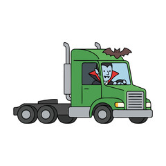 Vampire character driving a big green semi truck with a bat ornament on top © Allysa