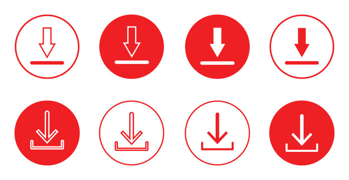 Download icon illustration in red color featuring inside circle, isolated download icon in trendy filled and stroke style, down load button isolated on white background. Down arrow downloading icon.