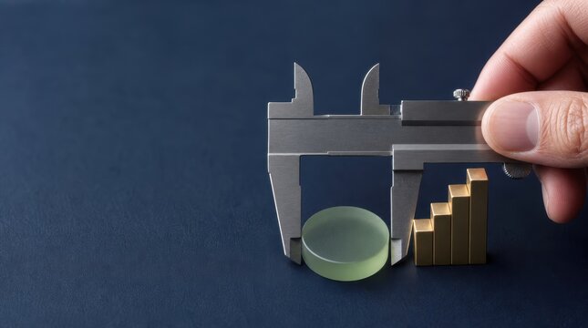 goal setting milestone rowth. Hand measuring a magnifying glass with a caliper next to a rising gold bar graph on a dark background.