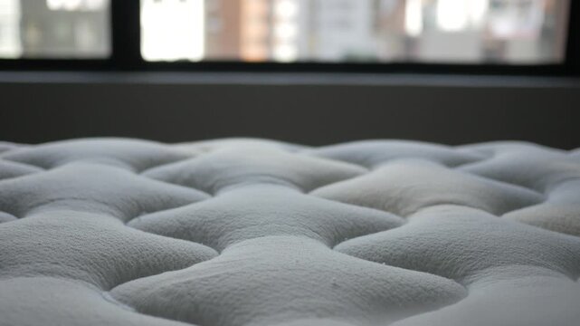 Close up of a bed mattress showing soft textured fabric in a bright room.