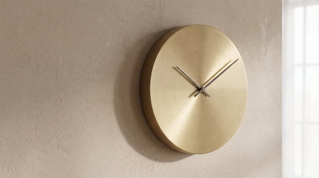 Minimalist wall clock on textured interior wall with window light