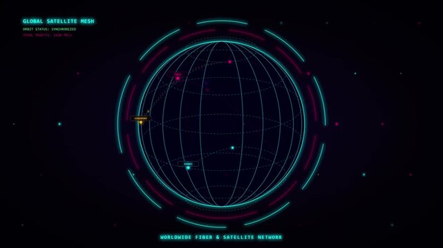 Futuristic digital HUD interface displaying global satellite mesh and worldwide fiber network with data traffic statistics and interconnected city nodes on a spinning wireframe globe grid.
