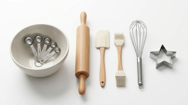 Assorted baking tools including measuring cups set spatula rolling pin whisk and star cookie cutter