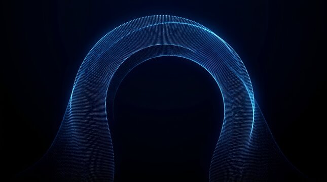 Abstract blue neon glowing arch shape, futuristic light particle energy wave loop, dark modern technology backdrop for digital design