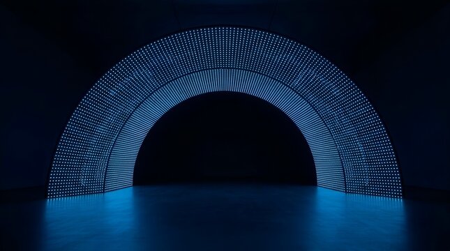 Futuristic blue glowing arch stage background, abstract sci-fi portal platform for product presentation and digital events