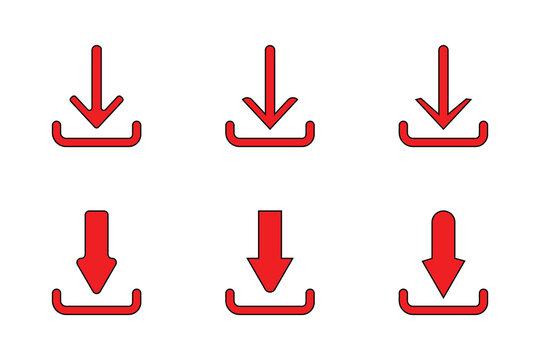 Download icon illustration in red color, isolated download icon in trendy filled style, down load button isolated on white background. Arrow downloading icon, set of download files symbol.