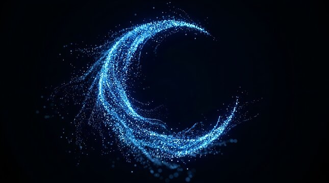 Glowing blue particle trail forming crescent moon, abstract magic energy wave on black background, futuristic digital light particle background