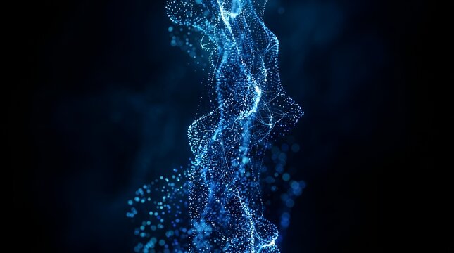 Abstract blue particle wave technology background, glowing digital particle wave dynamic flow, cyber data motion wallpaper for futuristic design