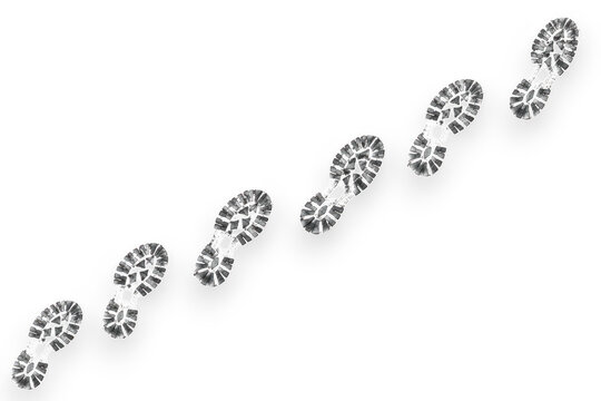 Diagonal line of muddy boot footprints isolated on transparent background