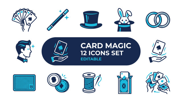Card Magic Icons: A comprehensive set of graphic icons illustrating the art of card magic, featuring a wizard's hat, wand, rabbit, playing cards.