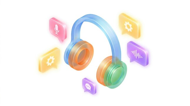 Colorful headphones icon set with communication and audio tools floating around isolated on transparent background
