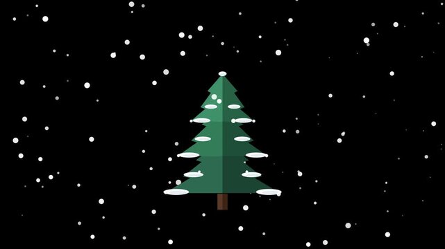 Flat design green pine tree under falling snow. Dark background with minimalist aesthetic and clean vector shapes.