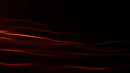 Glowing orange particle waves form a digital landscape on black, with open space for headlines and presentation titles. Abstract technology background loop. © Aksver