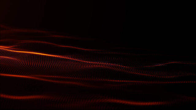 Glowing orange particle waves form a digital landscape on black, with open space for headlines and presentation titles. Abstract technology background loop.