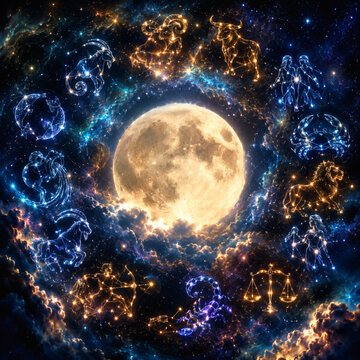 Zodiac signs constellations arranged in a cosmic cloud ring around a bright glowing full moon in deep space