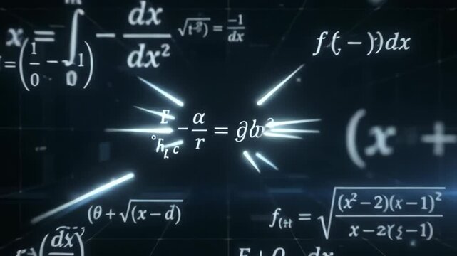Mathematical formulas and equations floating in a futuristic digital space, representing science, mathematics, technology, and advanced research