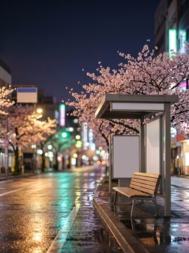 Empty bus stop bench at night with cherry blossom and blank billboard mockup on wet rainy street Tokyo