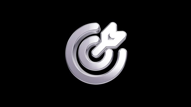 Glossy chrome dart hitting bullseye icon on black background