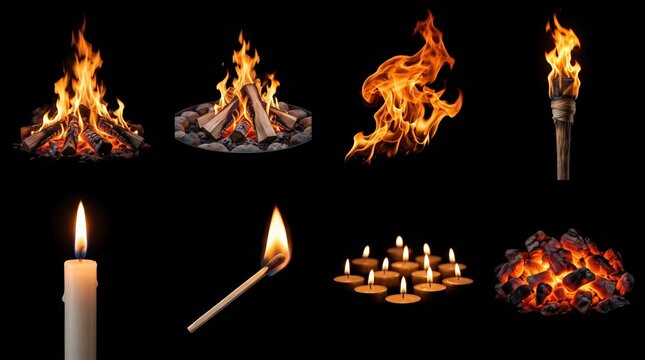 Assorted flame objects collection with candle matchstick and glowing ember coals.