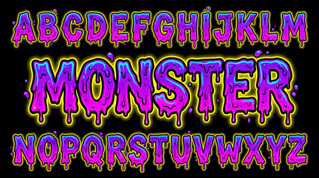 Set of dripping monster font alphabet letters with vibrant neon purple and pink colors on black background, symbolizing creative street art design and representing horror themed typography