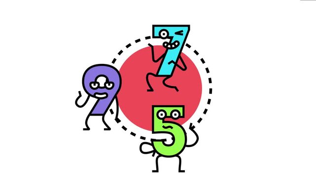 Cheerful numeric characters 7, 9, and 5 forming a mathematical group, representing education, counting, and fun learning concepts with their active expressions