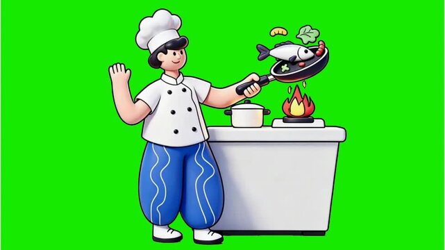 Chef Cooking Fish in Frying Pan &mdash; Cartoon Kitchen Animation Green Screen