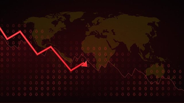 Bearish stock market trend with red arrow crashing downward on world map. 4K Video
