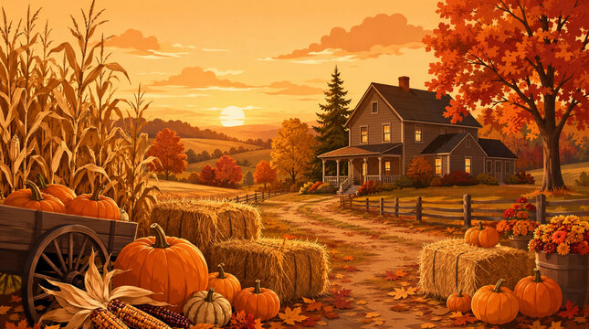 Beautiful autumn harvest countryside landscape with farm house, pumpkins, hay bales, and cornfield at sunset