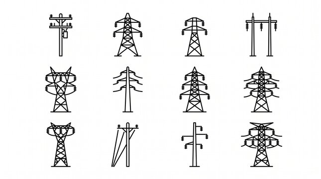 Minimalist black utility pole icon collection featuring twelve electrical transmission towers with varied crossarms, insulators, lattice structures, and support designs, arranged in three rows.