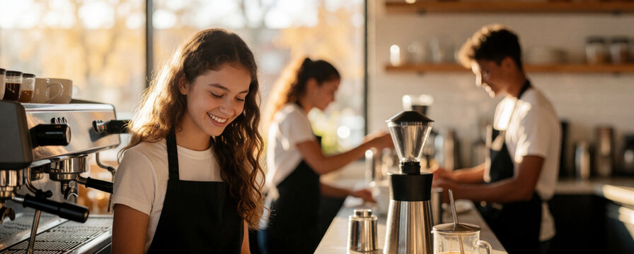 Diverse group of teen employees work in modern cafe. Happy young student staff members prepare coffee, serve customers in retail shop. Group of part time baristas learn new professional skills during