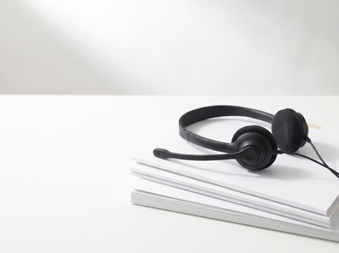 Black headset with microphone resting on a stack of white books on a clean white desk, suggesting remote work or online learning.